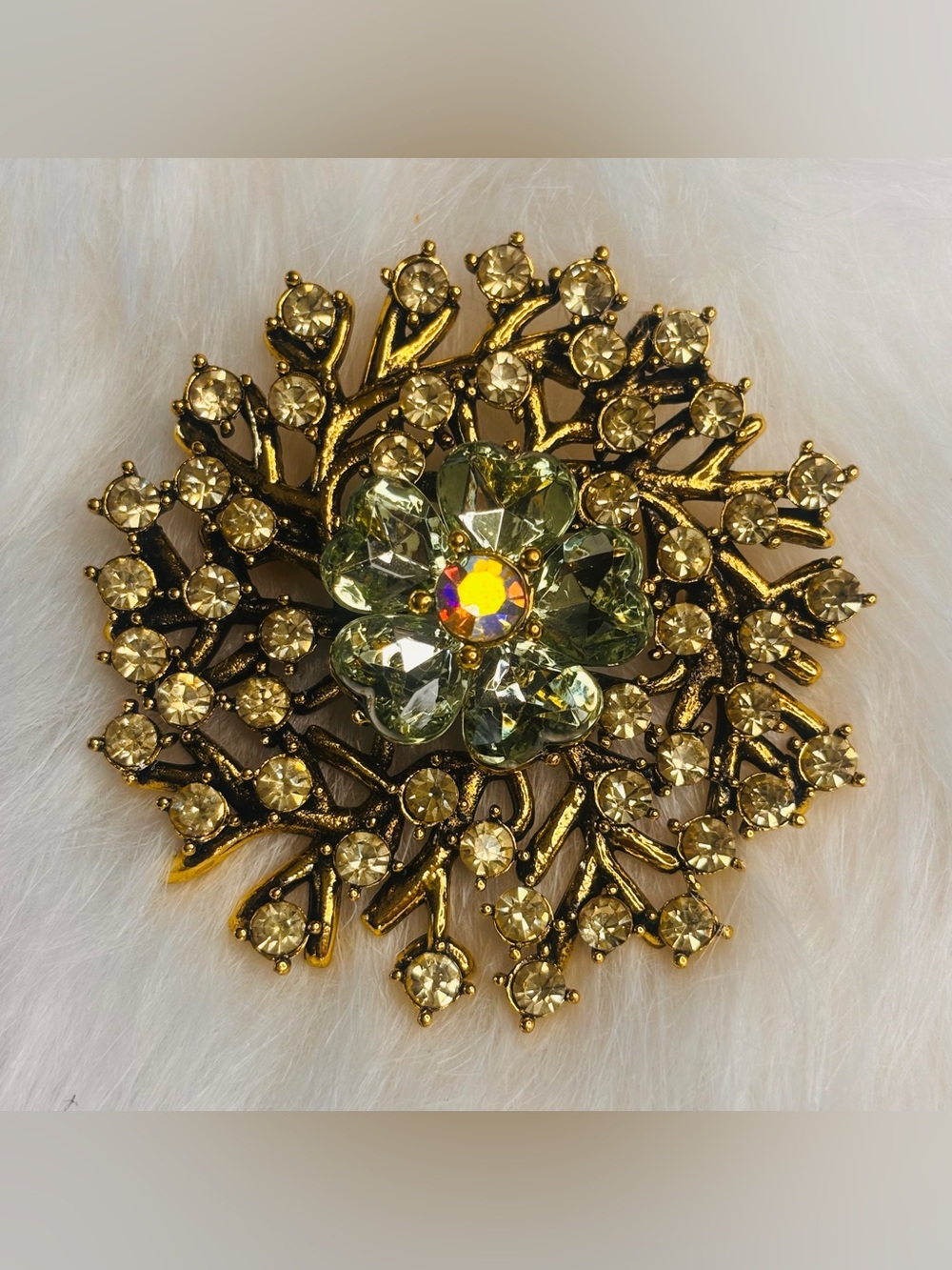 Large Rhinestone Floral Brooch Gold Tone Green Crystal Flower Statement Pin